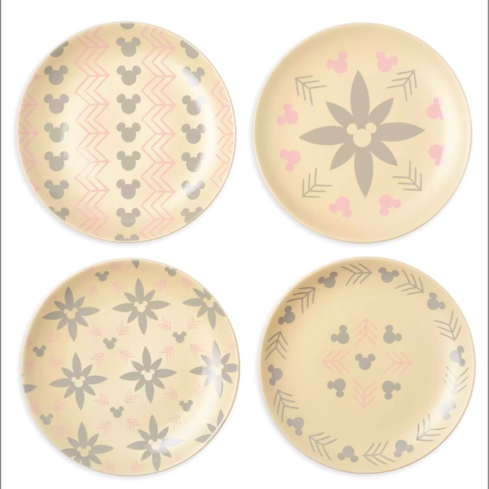 Disney Parks Homestead Mickey Icon Gray & Pink 7.25" Salad Plate Set of 4 NWT
